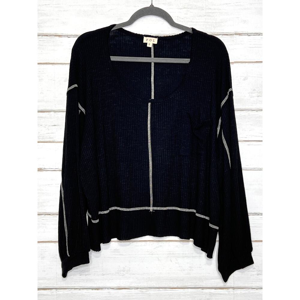 POL Black Ribbed Thermal Knit Top Small Exposed Seam Long Sleeve Oversized